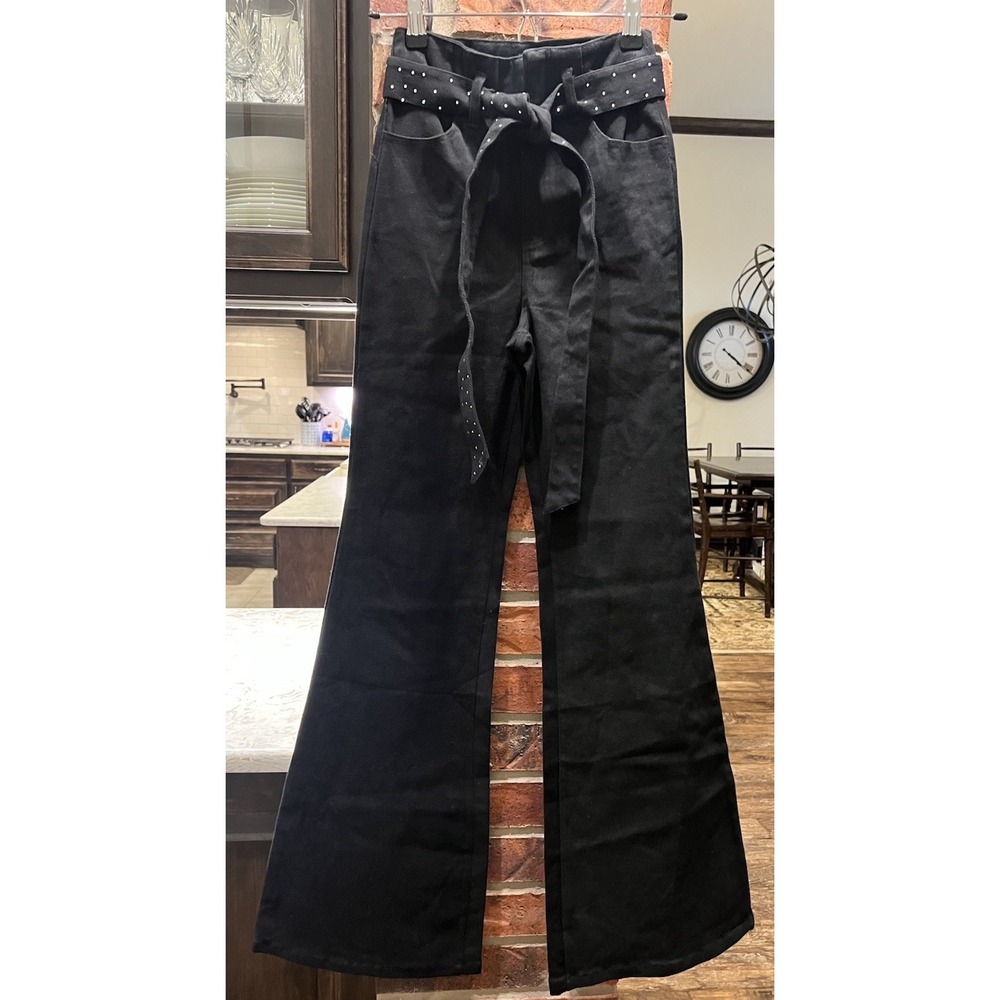 Flying Tomato Black Flare Denim Pants with Rhinestone Polka Dot Tie Belt Sz XS